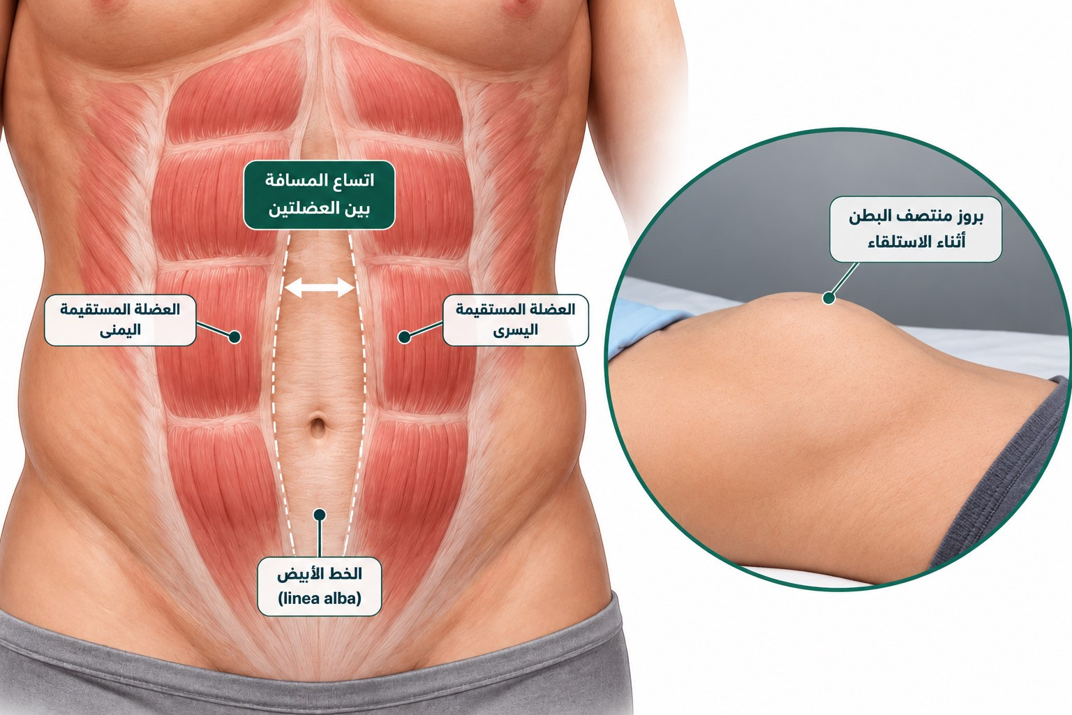 رسم طبي يوضح تباعد العضلتين المستقيمتين بالبطن وبروز منتصف البطن